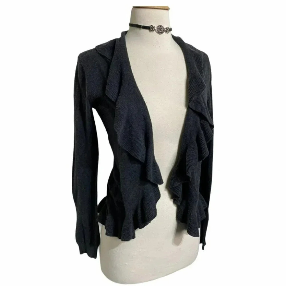 LOFT Cardigan XS Charcoal Gray Ruffle Trim Open Front Cotton Knit Sweater
